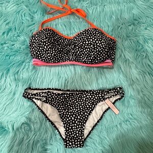 Victoria's Secret Black and White Bikini polka dots with Orange and Pink Trim